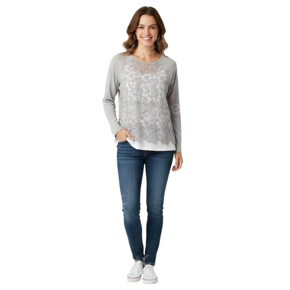 Rudy Rd. Petite Women’s Light Gray‎ Lace Overlay Long Sleeve Blouse Size PM